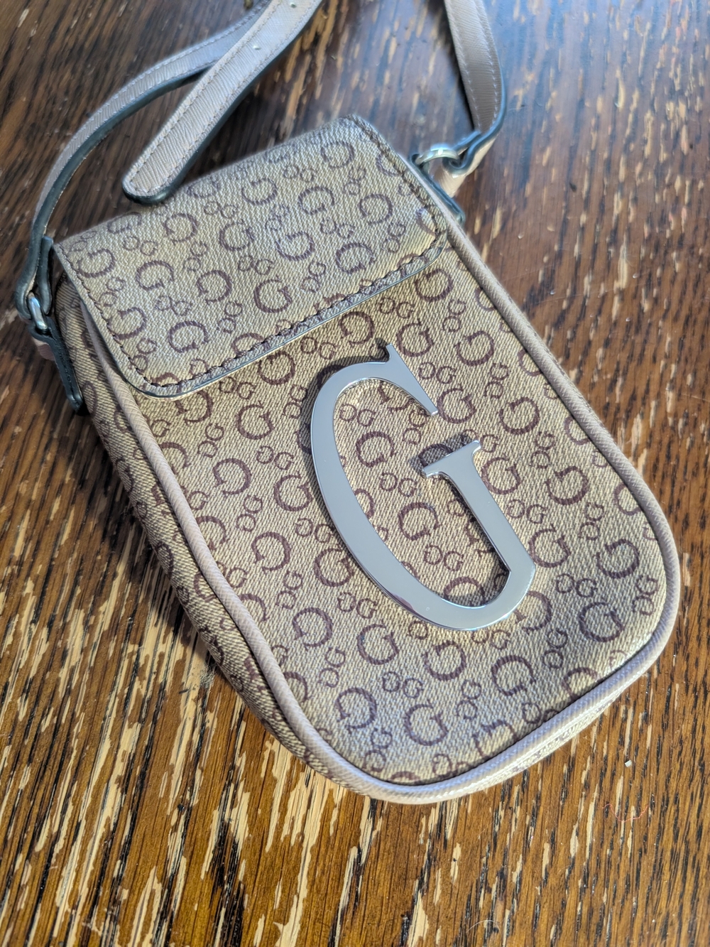 GUESS Taupe Logo Monogram Crossbody Phone Pouch with Silver G